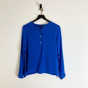 Vince Solid Blue Silk Popover Blouse Longsleeve V-Neck Minimalist Top